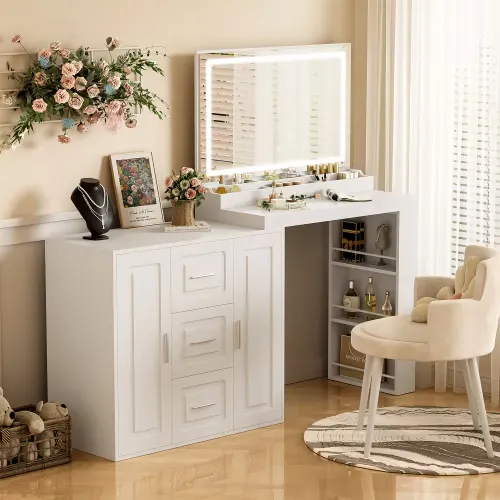 Makeup Vanity Desk With Mirror, Dressing Table With 3 Drawers And 2 Cabinets